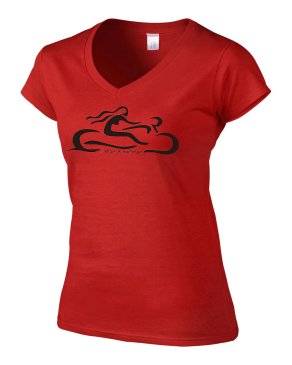Piros, V-nyakú csajoka motoron póló fekete motoros nővel